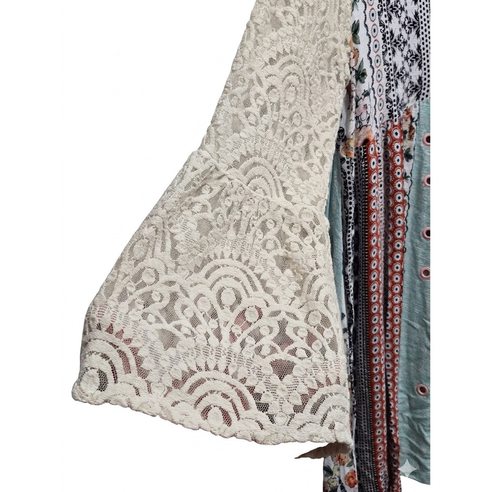 Kori America Boho Mixed Patchwork Lace Bell Sleeve V-Neck Mini Dress Large - Picture 4 of 7
